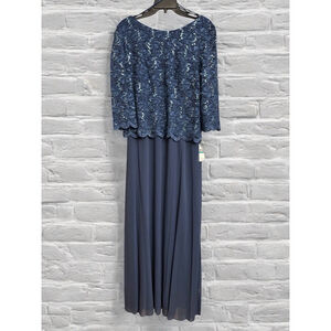 Alex Evenings Womens Sz 16 Wedgewood Blue 3/4 Sleeve Plus Size Lace Chiffon Gown